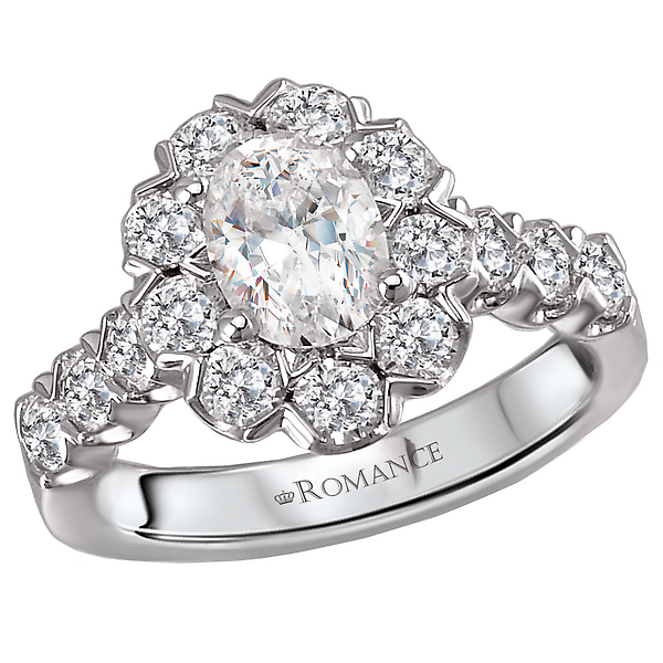 This designer ring features a classy halo created with round sparkling diamonds set in high polished 18kt white gold. 
