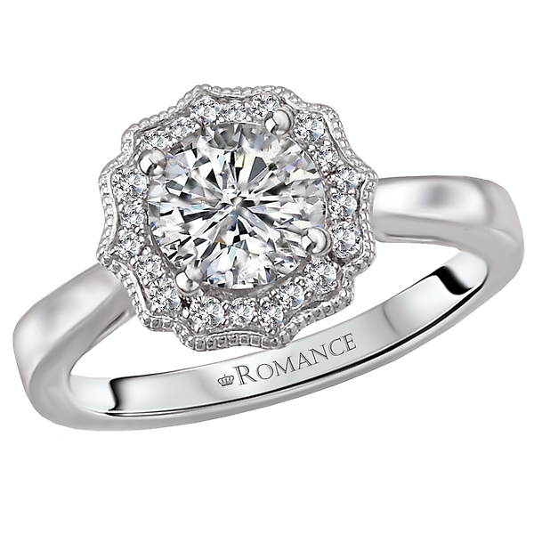 This Elegant Ring Features a Scalloped Halo of Sparkling Round Diamonds set in High Polished 18k White Gold-Trimmed in Milgrain. 
