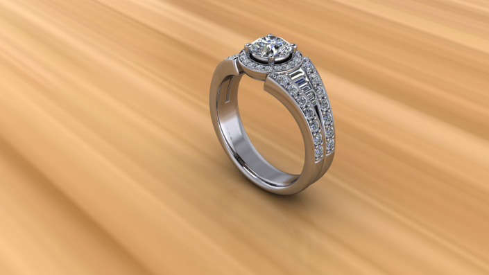 This is one of our stunning custom engagement rings.  Crafted out of sterling silver, this piece is set with a round diamond and a detailed band that will make her heart flutter. 
