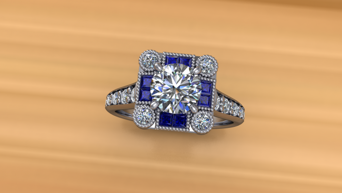 This gorgeous ring highlights both diamonds and sapphires.  Its custom design allows it to shine brightly in the future bride's favorite stones in such a unique way. 