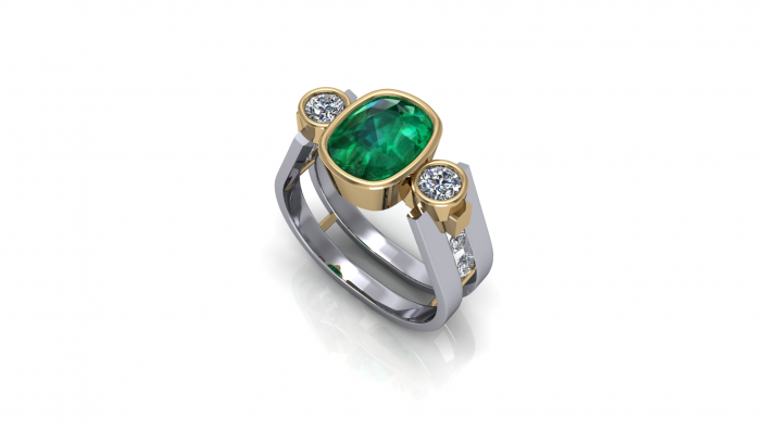 Not all engagement pieces have to be diamonds.  This beautiful piece displays a gorgeous emerald stone with twin diamonds alongside it.  This ring shows beautiful contrast throughout and is surely a unique design that will be cherished for years to come. 