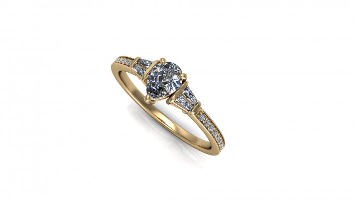 This stunning design features a pear-cut stone encompassed by a gold band.  The diamond detailing around this ring gives it a classy and elegant feel perfect for any bride to be. 