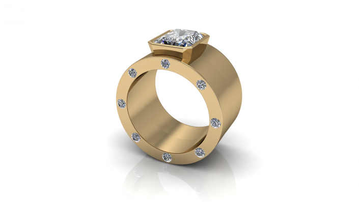 This golden band highlights different sized diamonds throughout it.  A rectangle stone sits upon its crest as smaller diamonds line the top and bottom of the ring.  