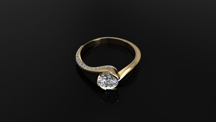 This gorgeous ring is crafted to sparkle in beauty from every angle.  It displays a round diamond as it is wrapped snugly by a gold, diamond-encrusted band.