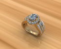 This gold ring features an oval diamond with a halo surrounding it.  