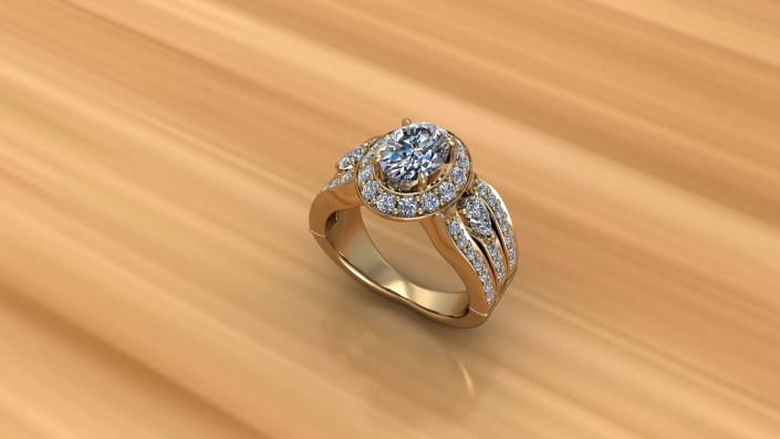 This gold ring features an oval diamond with a halo surrounding it.  