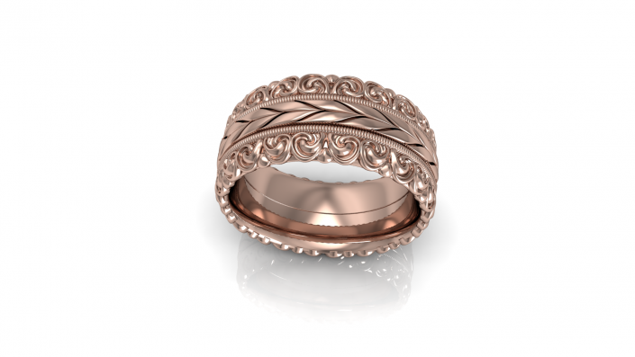 This stunning rose gold band is embellished with beautiful designs that complement it beautifully.