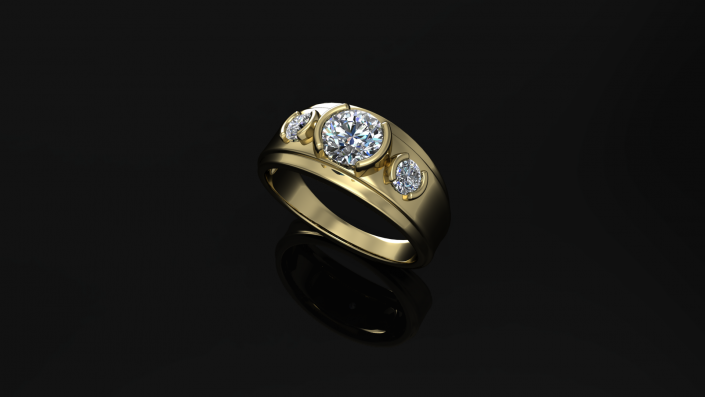 This is a custom designed gold ring that features three stunning diamonds. 