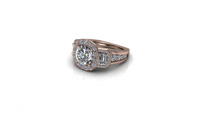 A rose gold band that beautifully fits the bride that wears it.  Highlighting 3 stones and crested with smaller stones, this ring was crafted to hold the utmost beauty. 