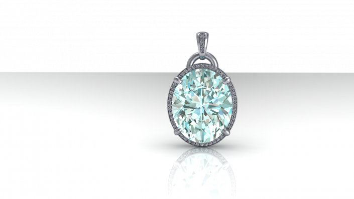 This is a stunning custom pendant with an aquamarine center stone and diamond halo surrounding it.  Crafted with sterling silver this pendant is the perfect illustration of what we can create for you at J Olivers. 