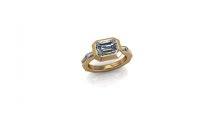 This gold custom ring displays a beautiful rectangle shape with diamonds that compliment it all the way around the band.  Clean cut and beautiful this ring is the perfect example of what we are able to craft for you.