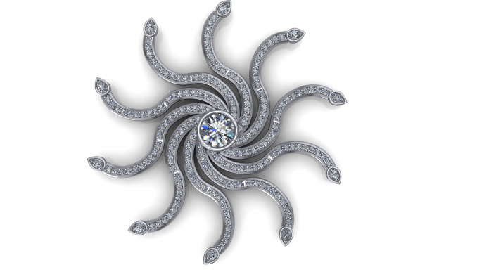 This unique piece is a birch crafted out of white gold and diamond embellishments.  Made to resemble the sun this piece sparkles brightly as the light reflects it. 
