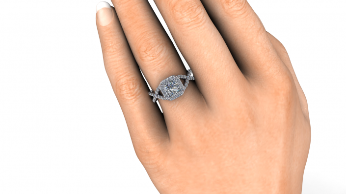 This is a display of how this custom ring will look on its beautiful bride to be's finger. 
